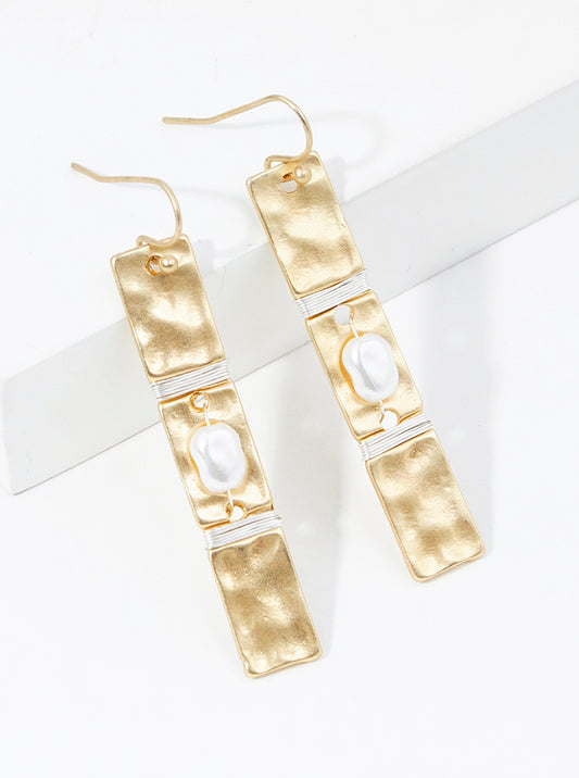 Pearl Wire Wrapped Hammer Textured Bar Dangle Drop Earrings