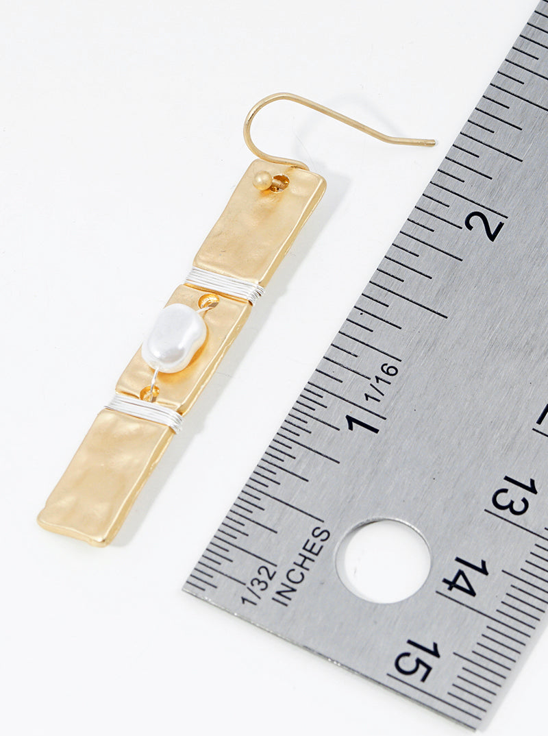 Pearl Wire Wrapped Hammer Textured Bar Dangle Drop Earrings