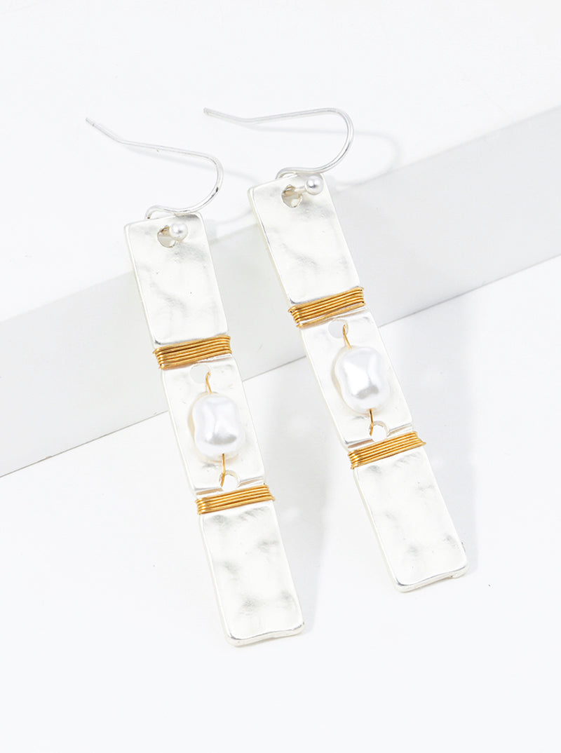 Pearl Wire Wrapped Hammer Textured Bar Dangle Drop Earrings