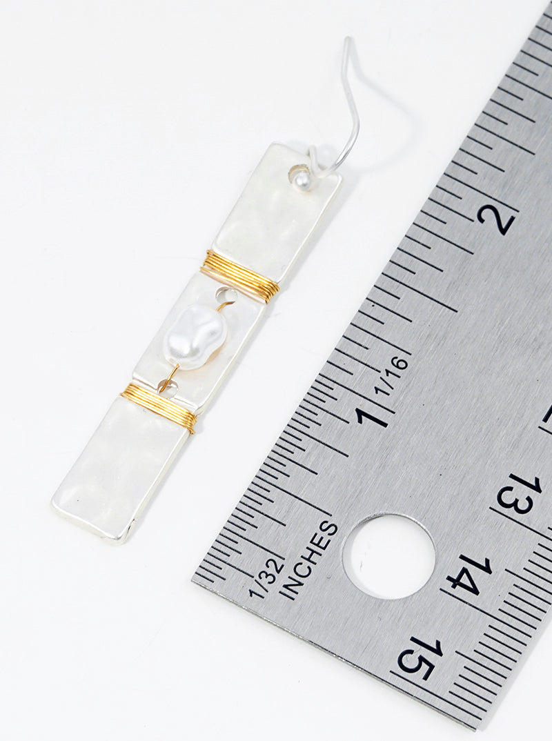 Pearl Wire Wrapped Hammer Textured Bar Dangle Drop Earrings