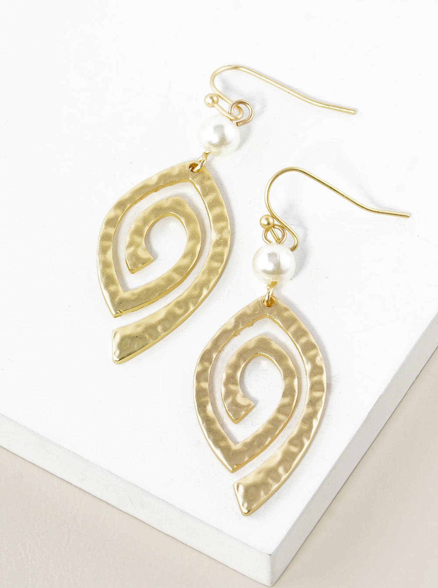 Pearl With Hammered Spiral Drop Dangle Earrings