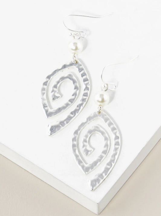 Pearl With Hammered Spiral Drop Dangle Earrings