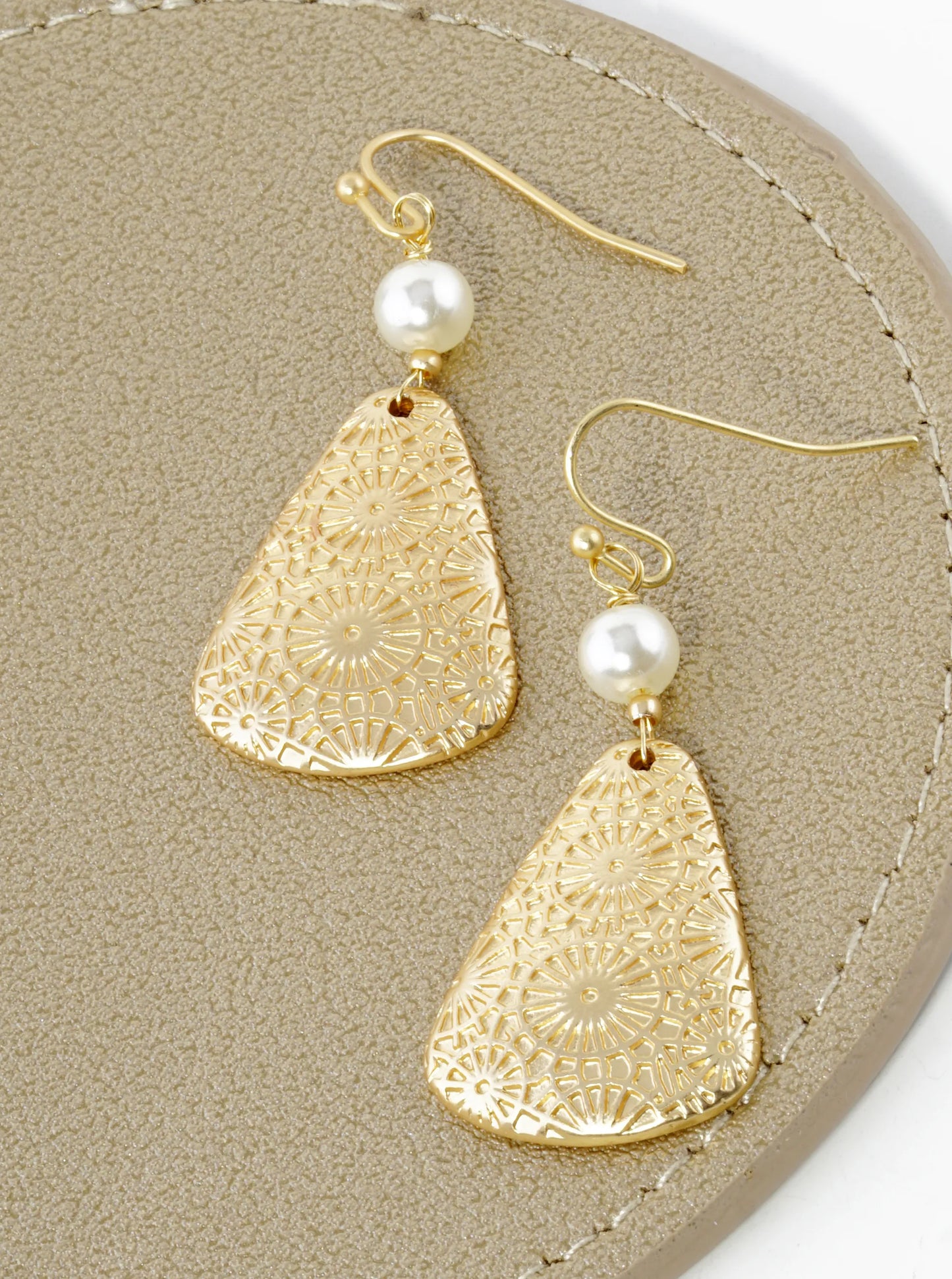 Pearl With Patterned Triangle Drop Dangle Earrings