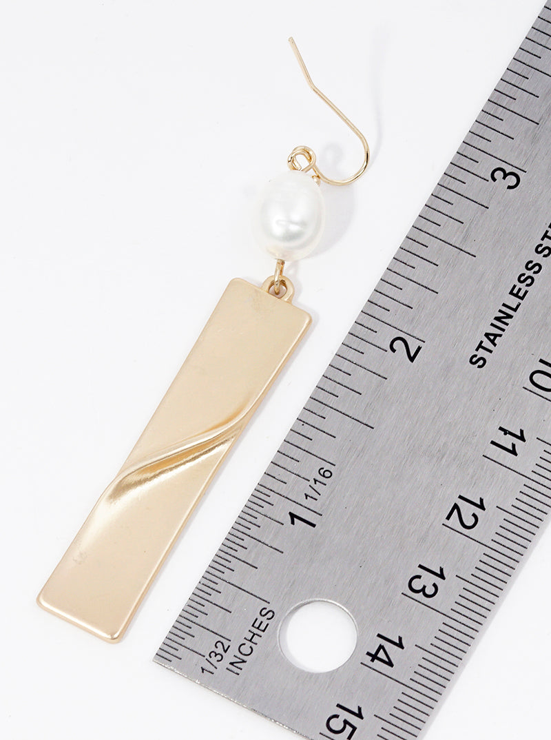 Pearl With Textured Metal Bar Drop Dangle Earrings