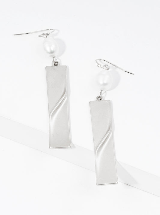 Pearl With Textured Metal Bar Drop Dangle Earrings