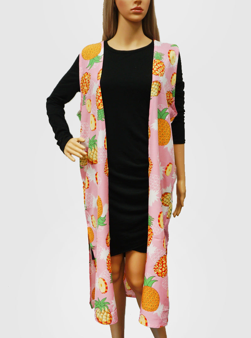 Pineapple Pattern Tropical Polyester Long Kimono