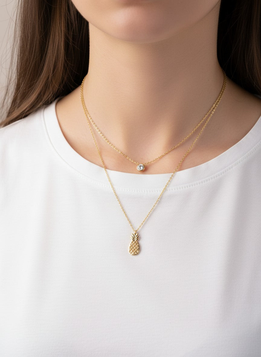 Pineapple Pendant 18K-Gold-Dipped Layered Necklace
