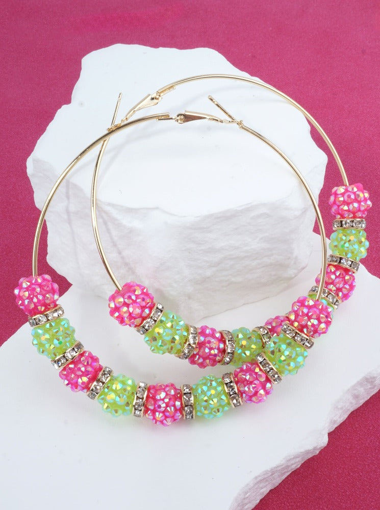 Pink & Green Rhinestone Beaded Hoop Earrings