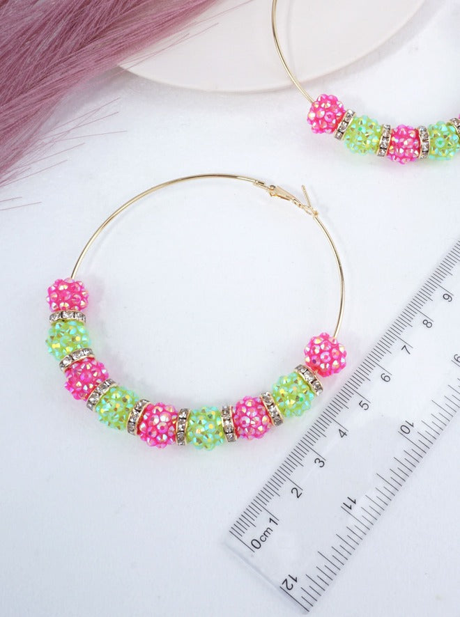 Pink & Green Rhinestone Beaded Hoop Earrings