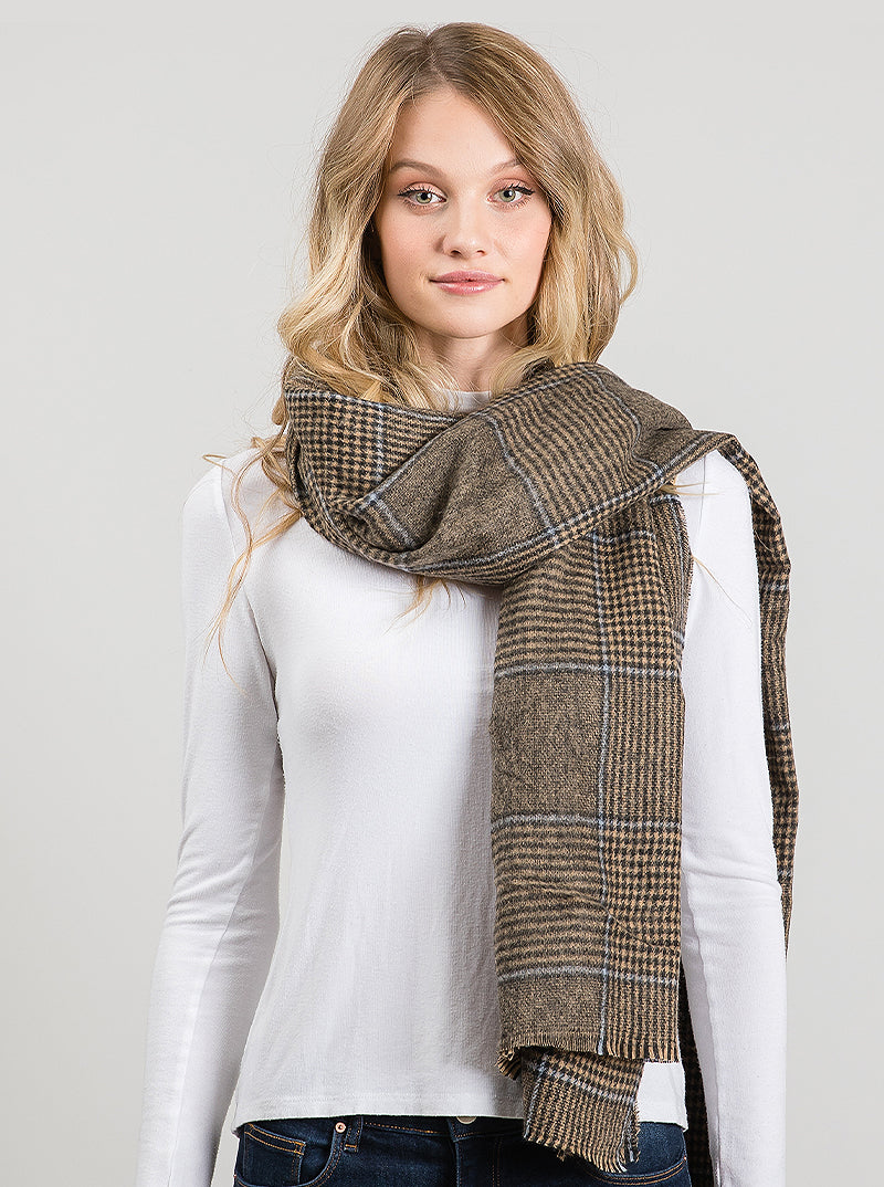 Plaid Check Brown Color Oblong Shawl Scarf