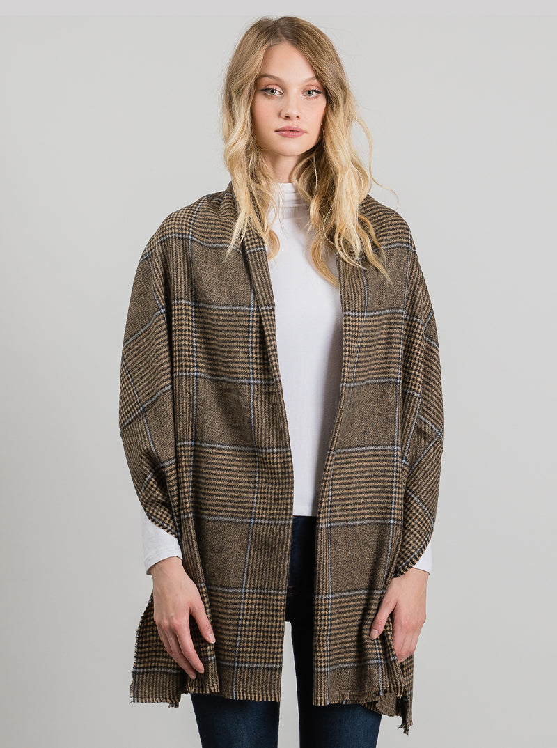 Plaid Check Brown Color Oblong Shawl Scarf