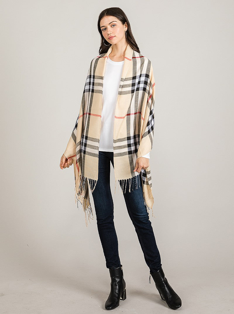 Plaid Print Fringe Trim Scarf In Beige
