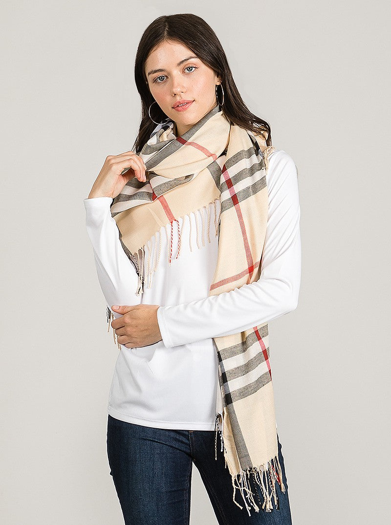 Plaid Print Fringe Trim Scarf In Beige