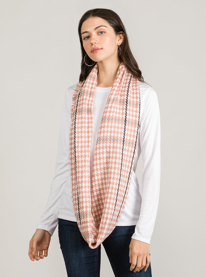 Plaid Tartan Multi Houndstooth Loop Infinity Scarf Fringe