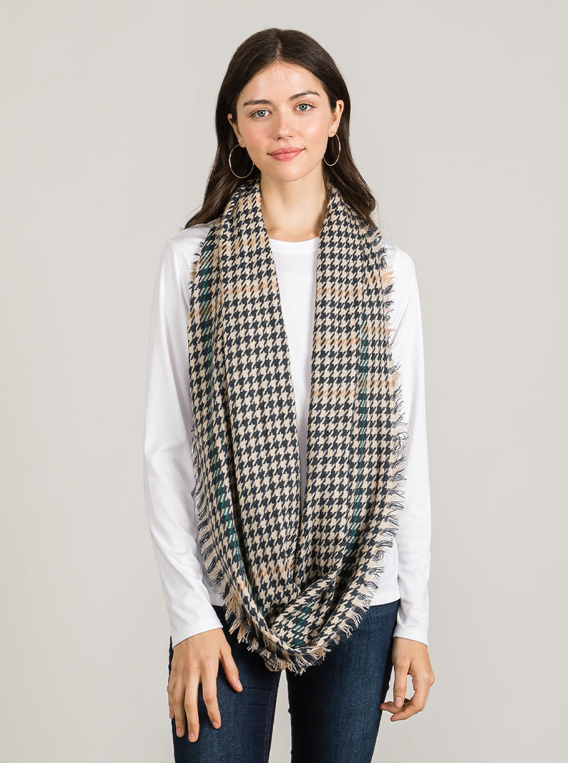 Plaid Tartan Multi Houndstooth Loop Infinity Scarf Fringe