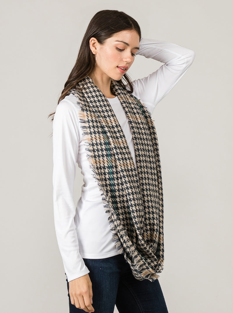 Plaid Tartan Multi Houndstooth Loop Infinity Scarf Fringe