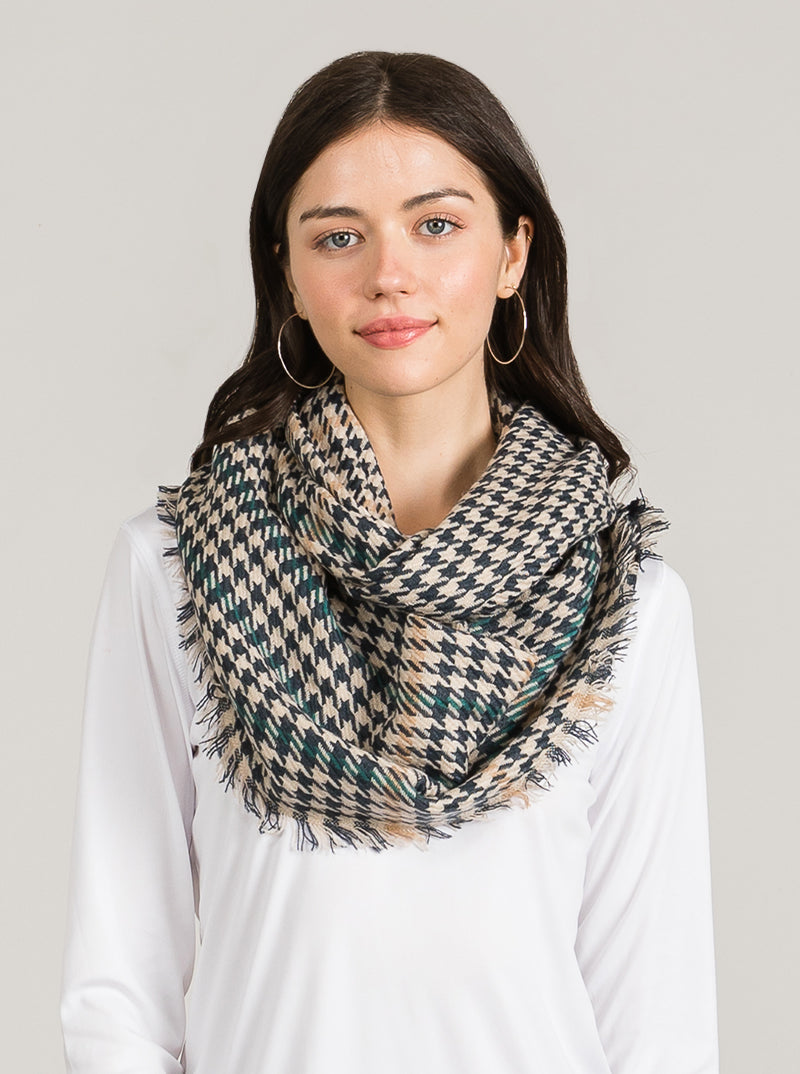 Plaid Tartan Multi Houndstooth Loop Infinity Scarf Fringe
