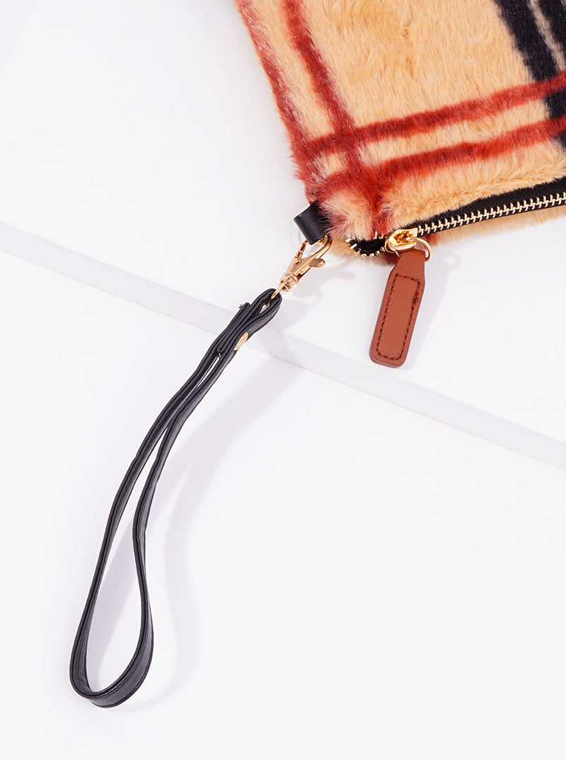 Plaid Acrylic Fur Zip Pouch With Wristlet Strap