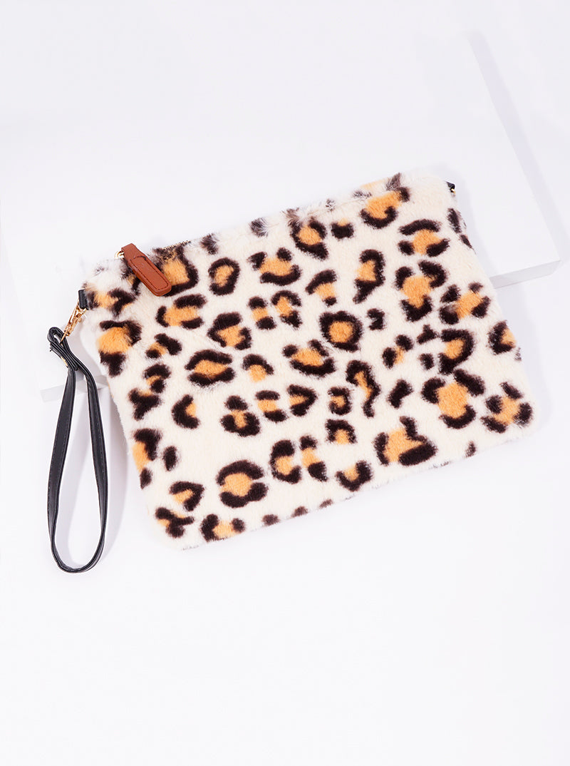 Plaid Acrylic Fur Zip Pouch With Wristlet Strap