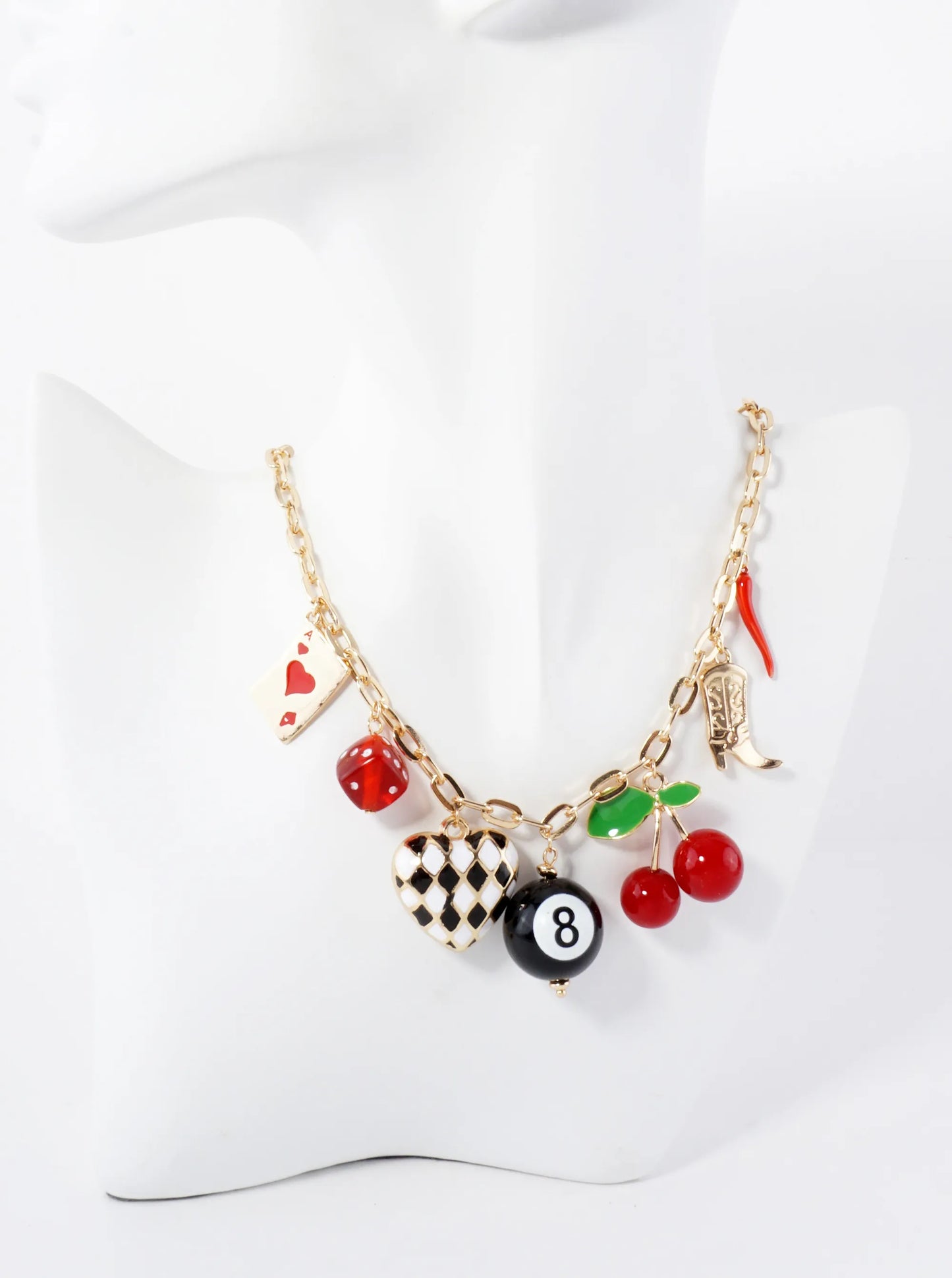 Playing-Card Dice Heart Magic-8-Ball Cherry Cowgirl-Boot Pepper 16-Inch Charm Necklace
