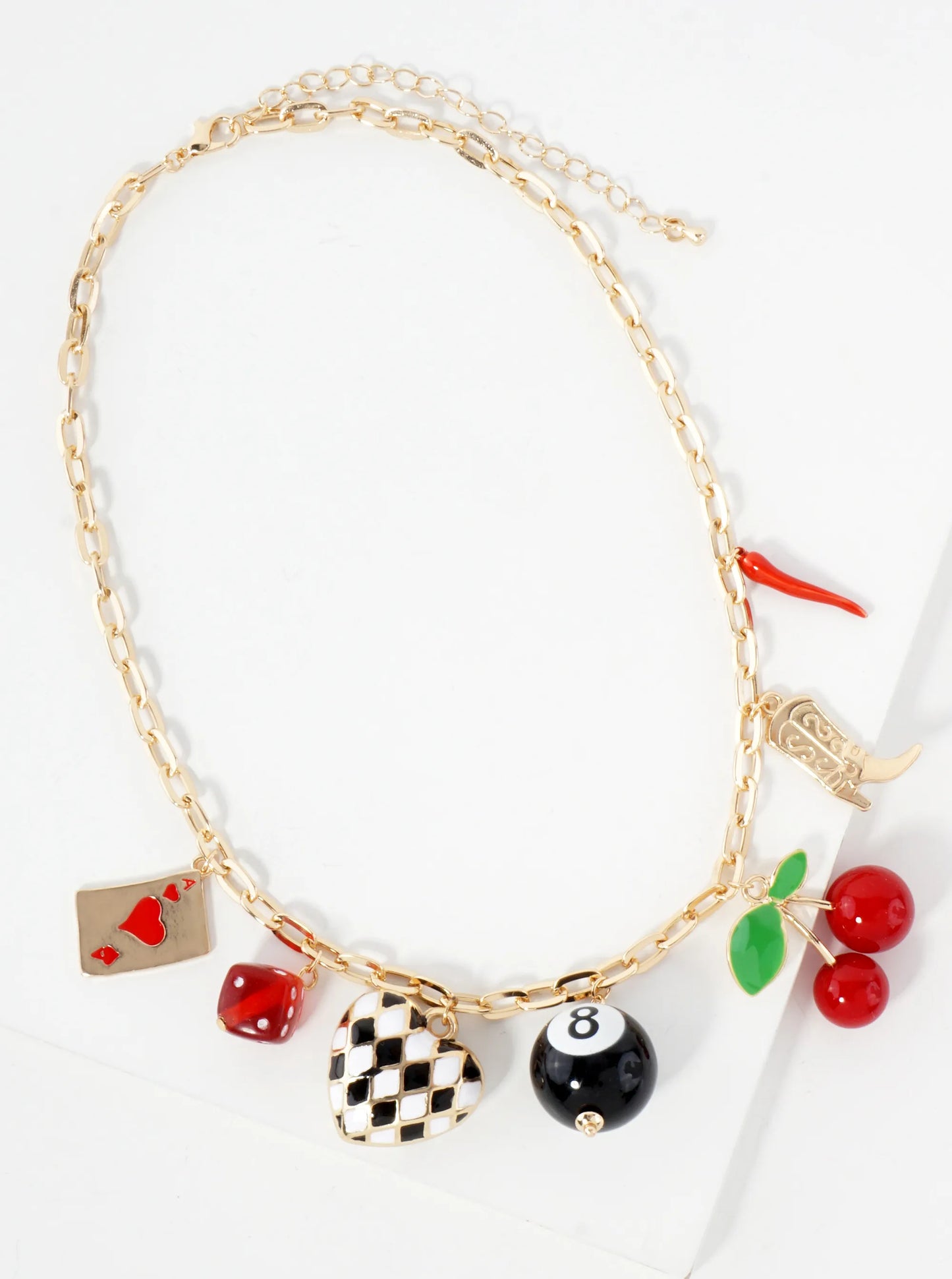 Playing-Card Dice Heart Magic-8-Ball Cherry Cowgirl-Boot Pepper 16-Inch Charm Necklace