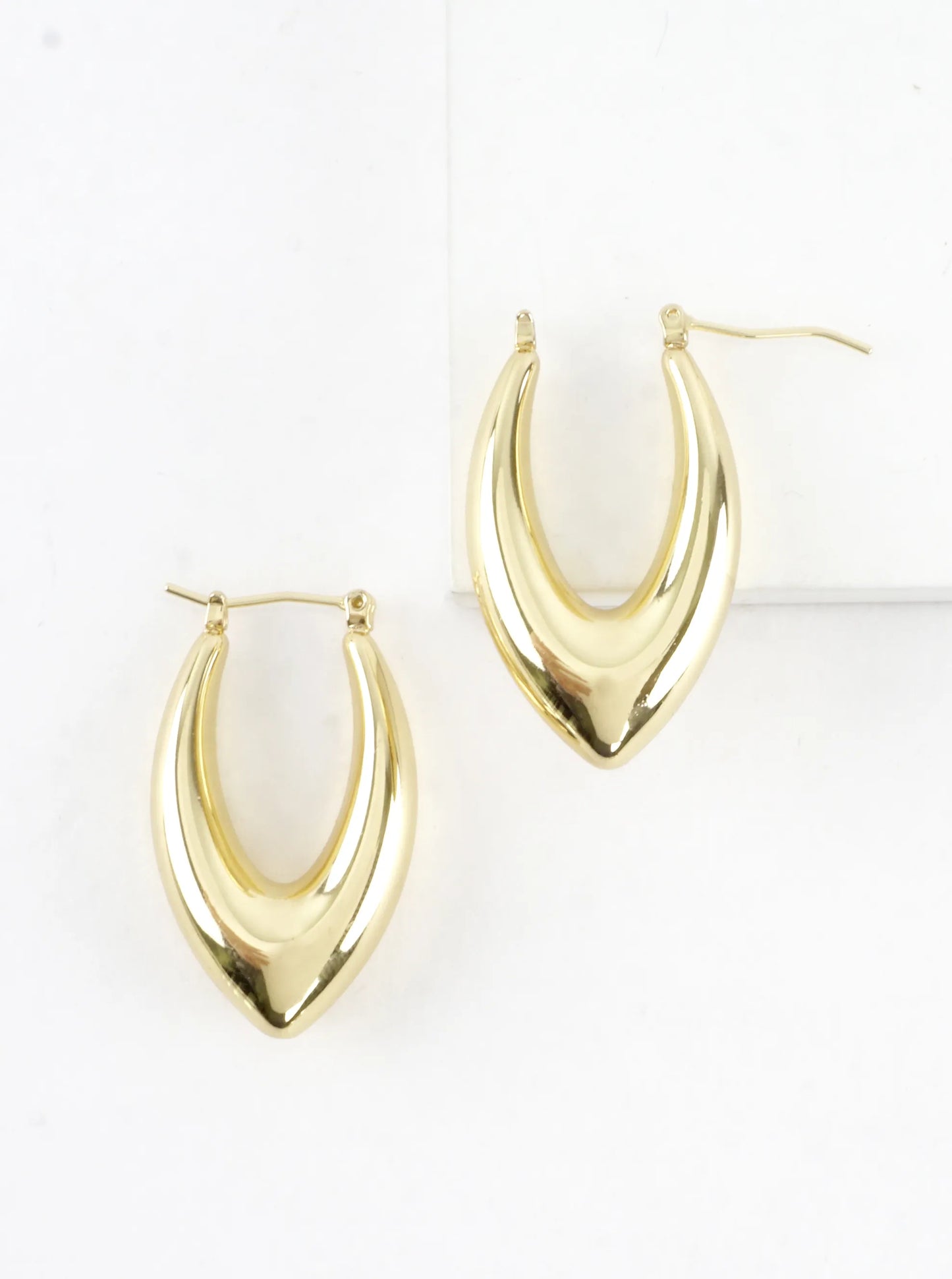 Pointed Puffy Brass Marquise Hoop Earrings