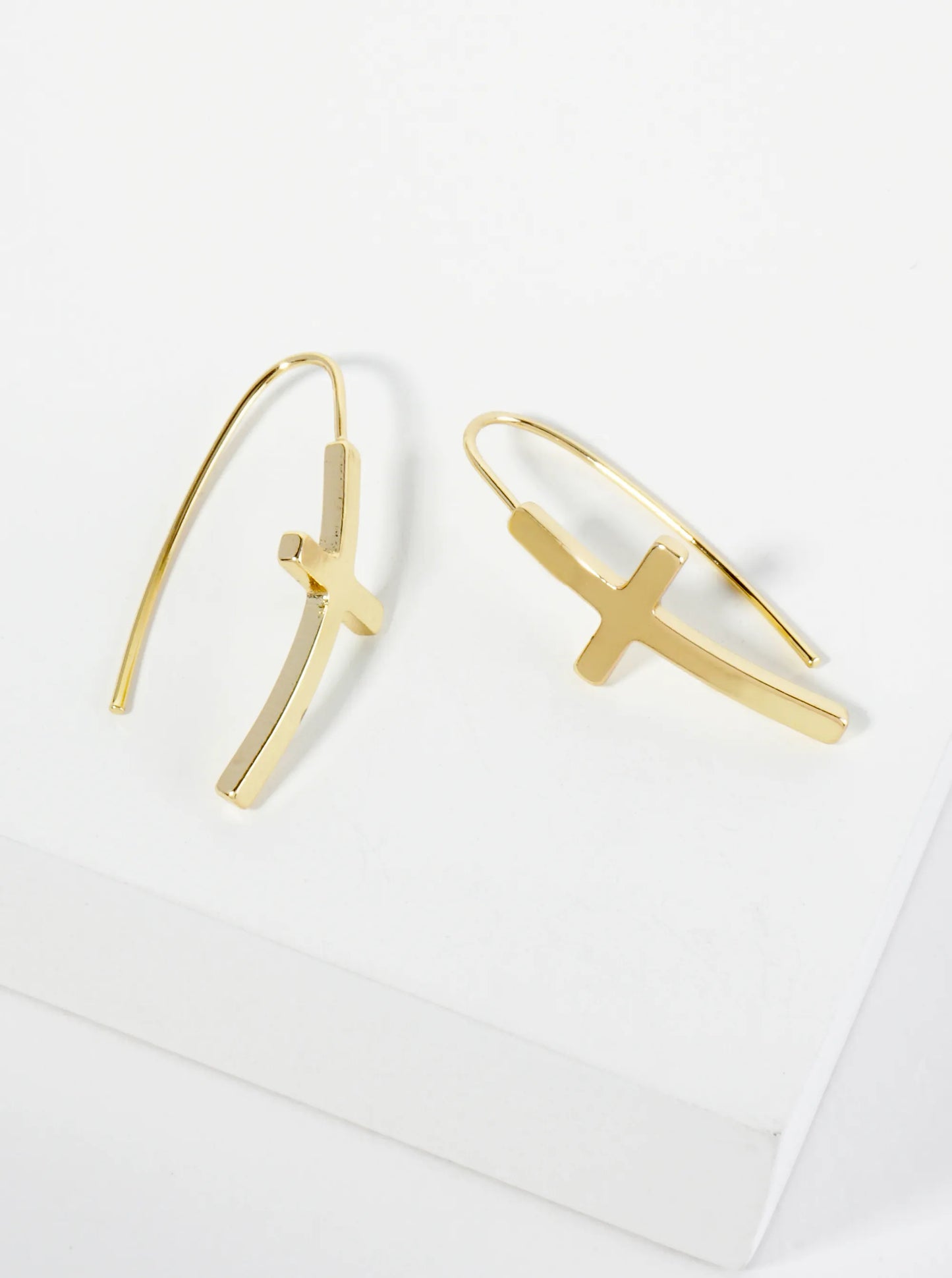 Polished 14K-Gold-Dipped Cross Drop Wire Hook Earrings