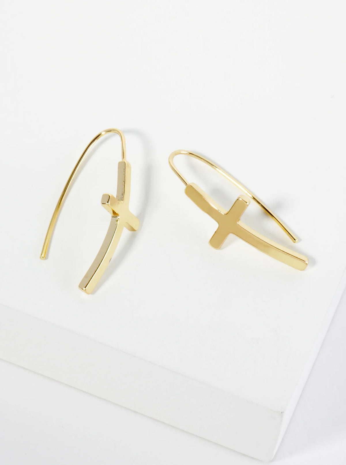 Polished 14K-Gold-Dipped Cross Drop Wire Hook Earrings