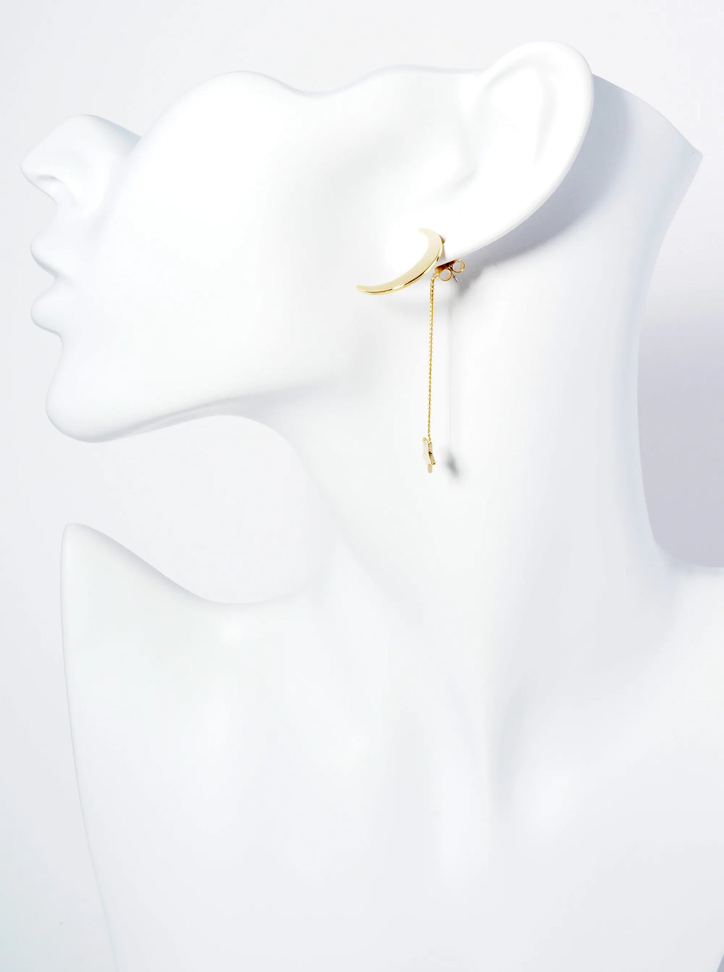 Polished 14K-Gold-Dipped Moon Stud Earrings With Star Chain Drop
