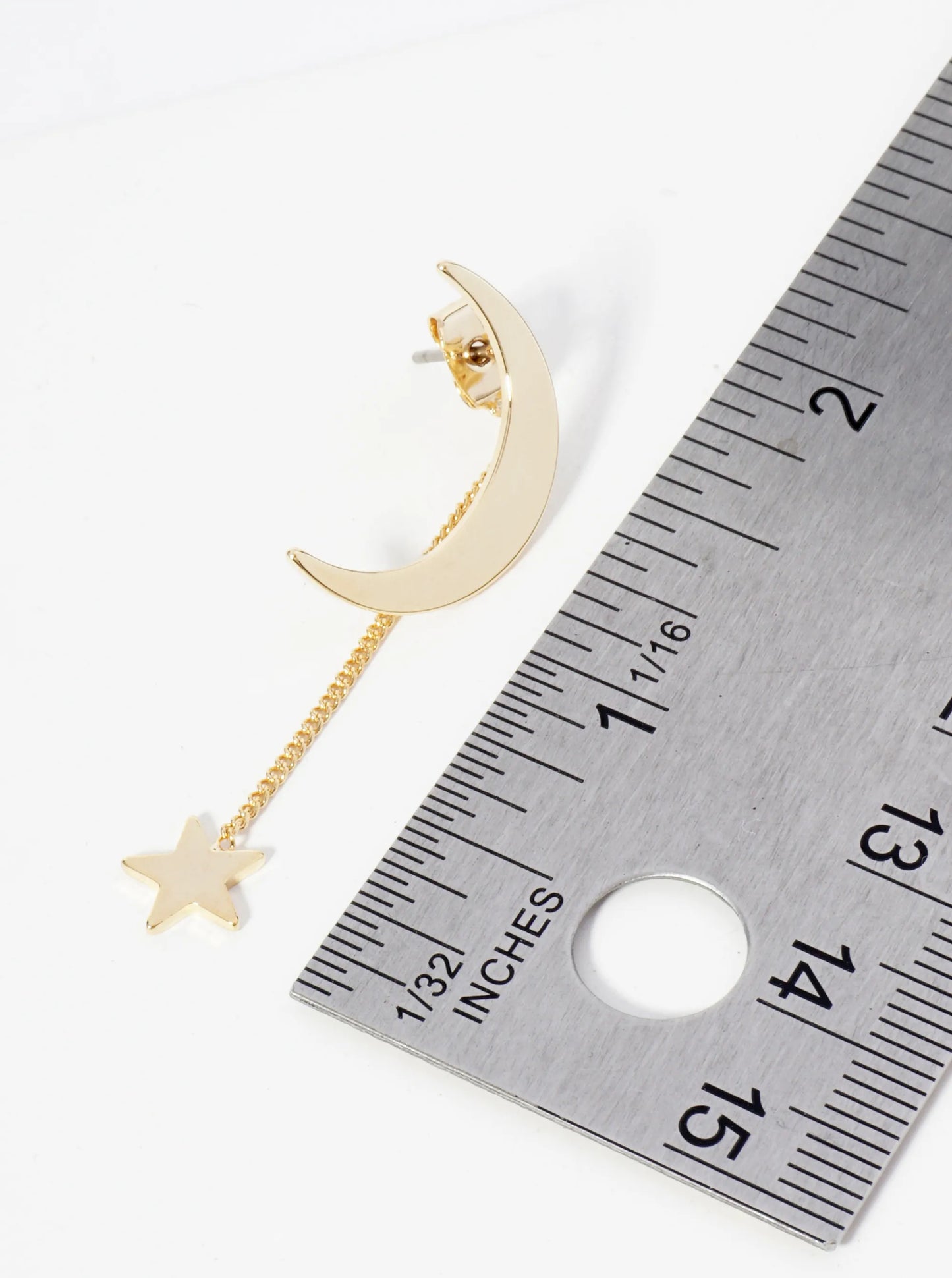 Polished 14K-Gold-Dipped Moon Stud Earrings With Star Chain Drop