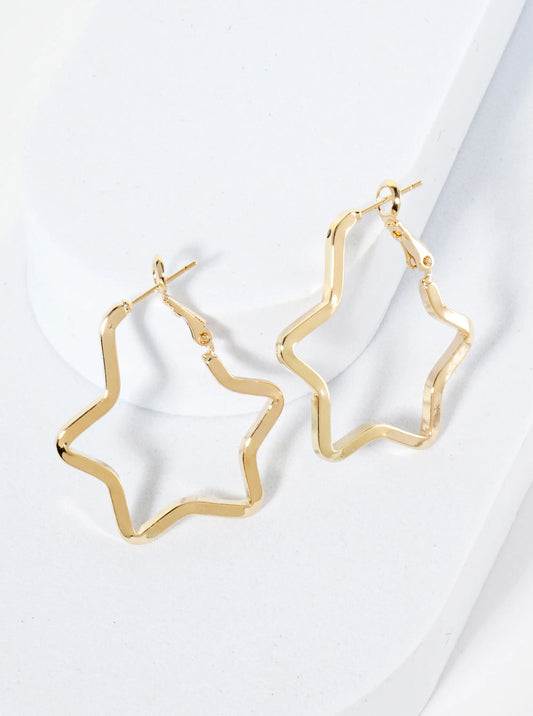 Polished 14K-Gold-Dipped Star Shape 35mm Latch-Back Hoop Earrings