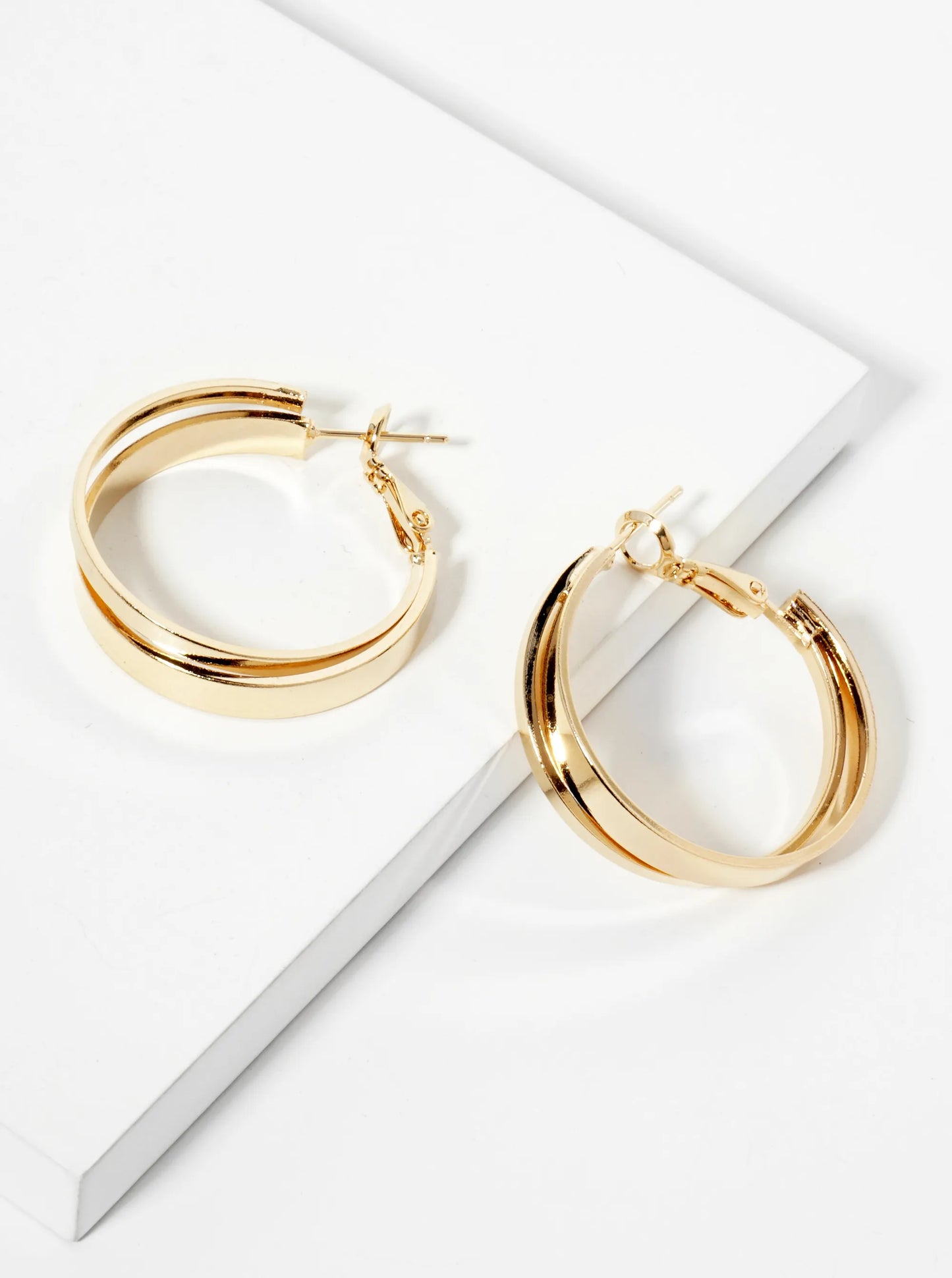 Polished 30mm Overlapping 14K-Gold-Dipped Edge Latch-Back Hoop Earrings