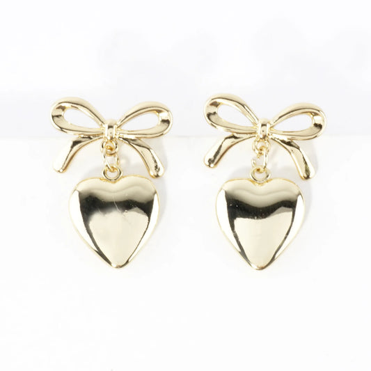 Polished Bow And Heart Drop Dangle Earrings