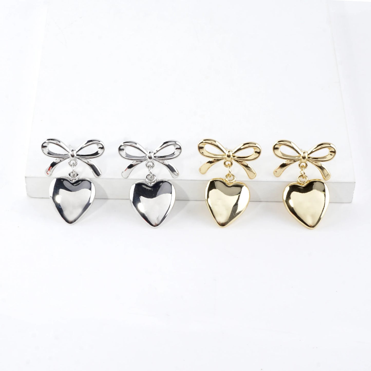 Polished Bow And Heart Drop Dangle Earrings