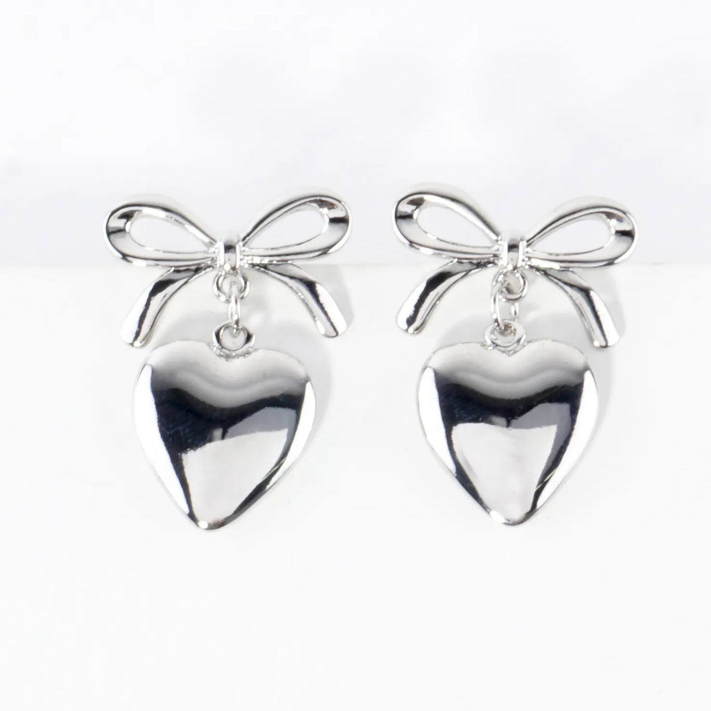 Polished Bow And Heart Drop Dangle Earrings