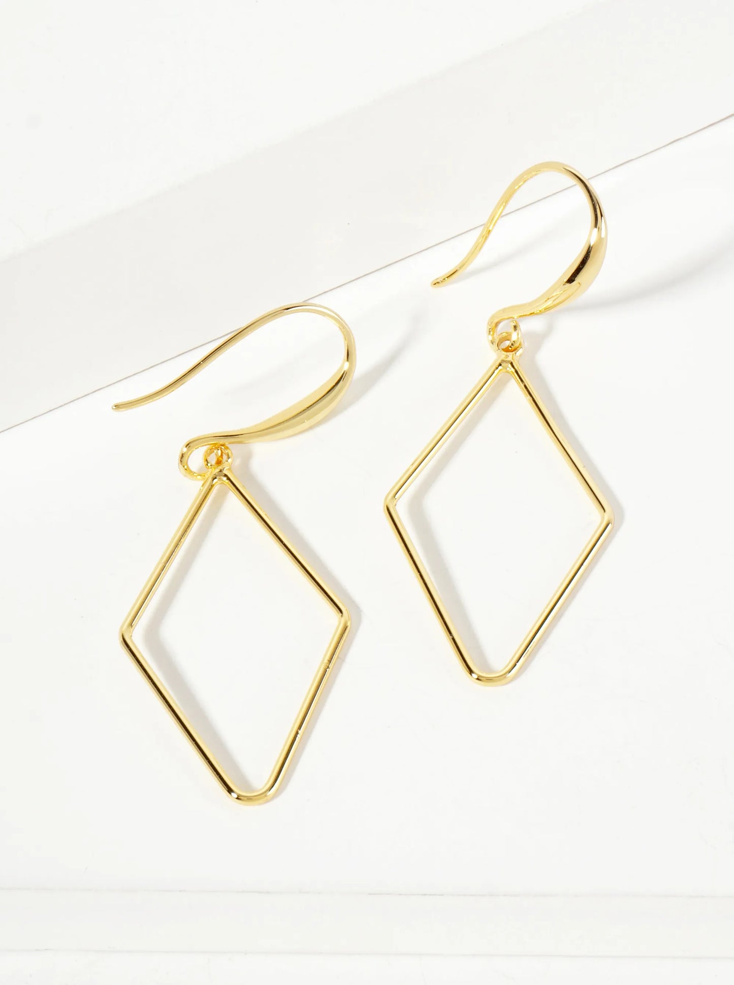 Polished Brass 1-and-a-quarter-inch Delicate Diamond Drop 18K-Gold-Dipped Fish-Hook Earrings