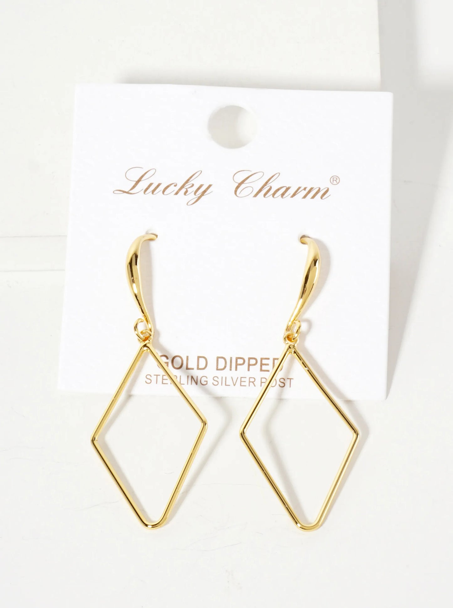 Polished Brass 1-and-a-quarter-inch Delicate Diamond Drop 18K-Gold-Dipped Fish-Hook Earrings