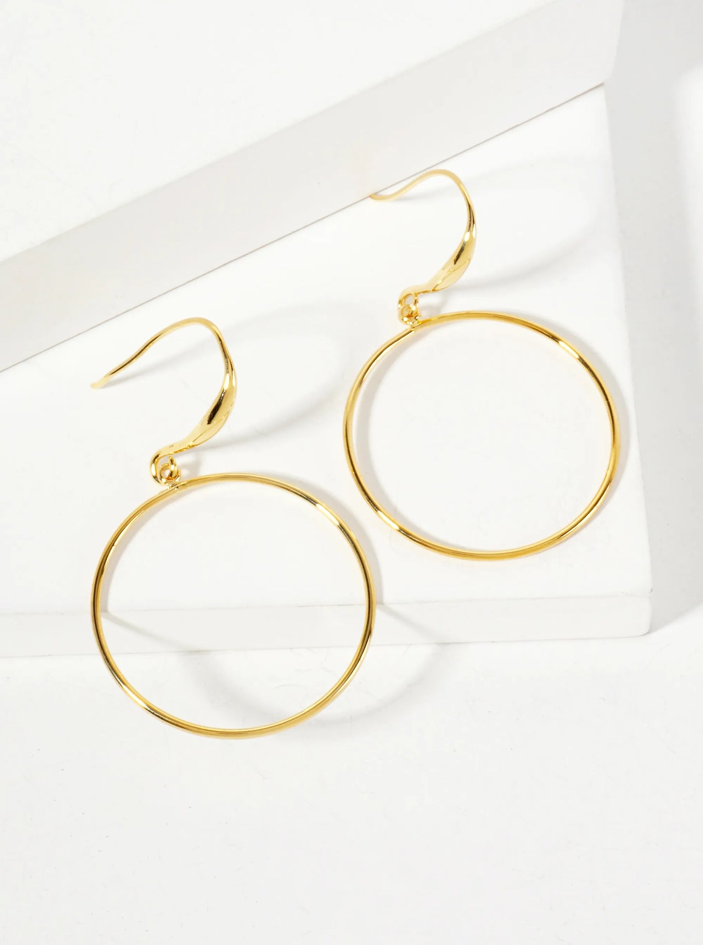 Polished Brass 1-inch Delicate Circle Drop 18K-Gold-Dipped Fish-Hook Earrings