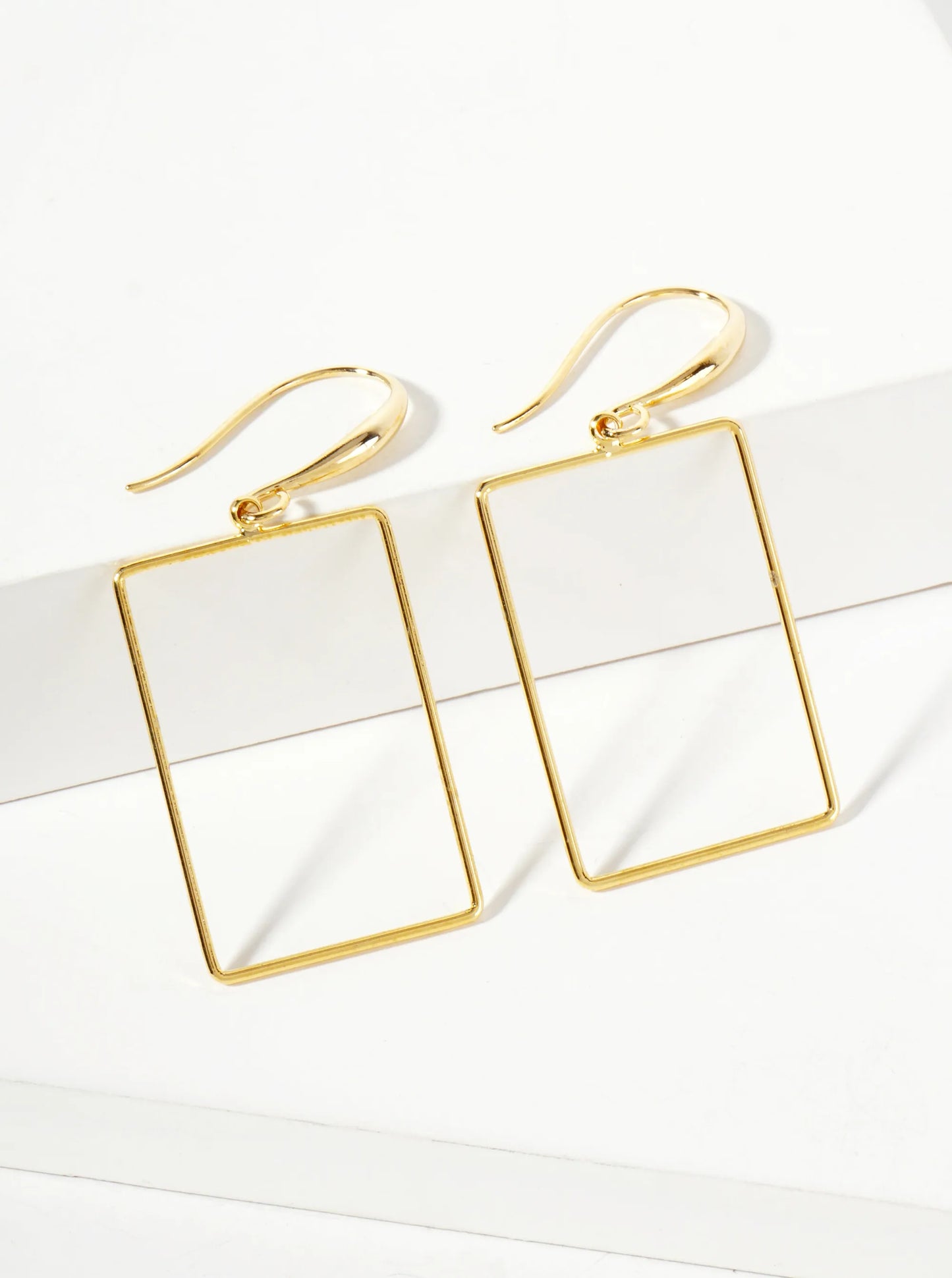 Polished Brass 1-inch Delicate Rectangle Drop 18K-Gold-Dipped Fish-Hook Earrings