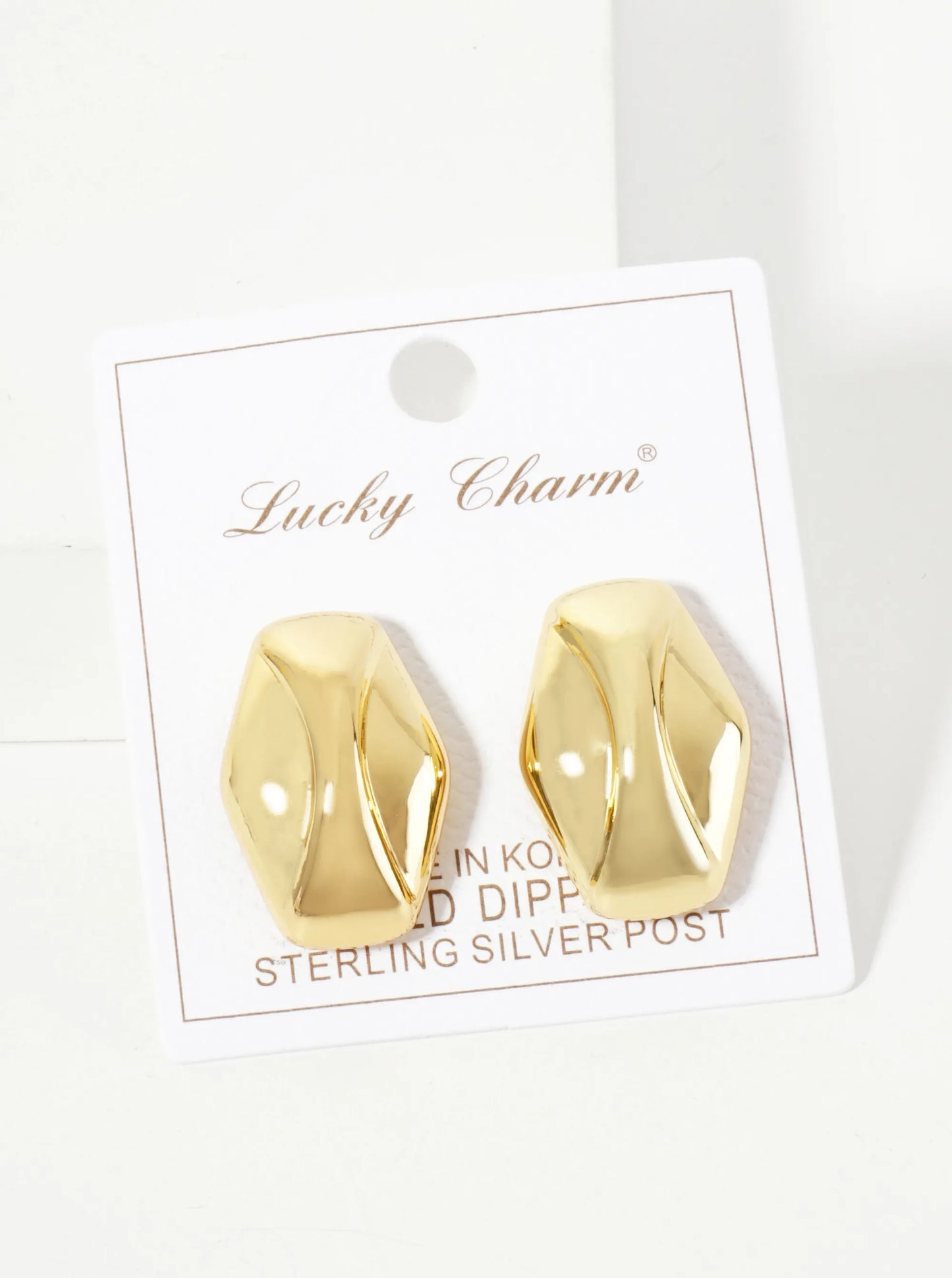 Polished Brass 18K-Gold-Dipped Soft-Curve Lined Hexagon Stud Earrings