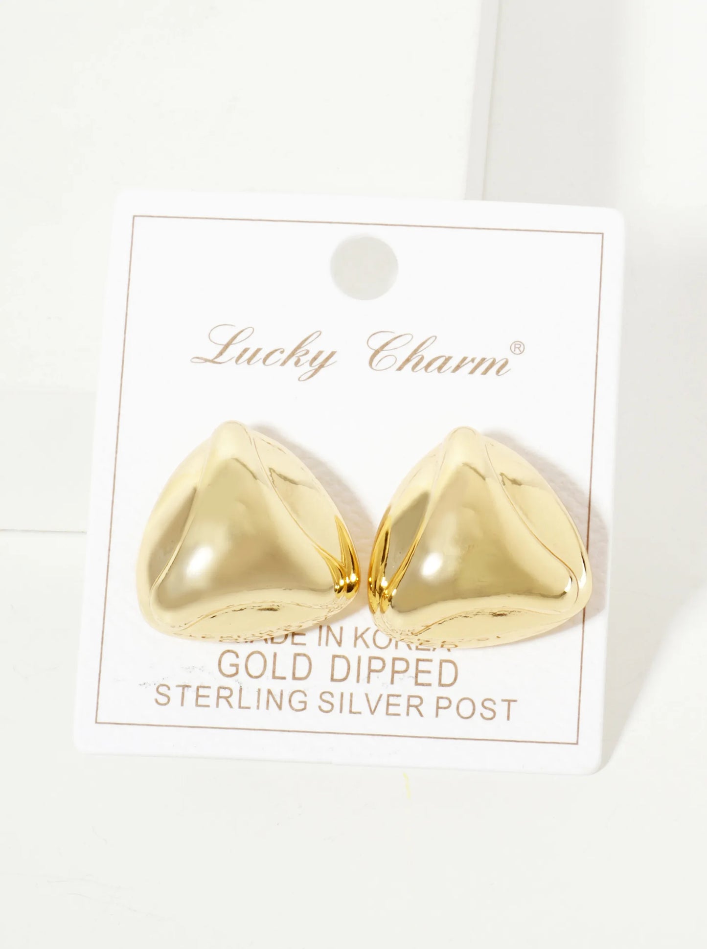 Polished Brass 18K-Gold-Dipped Soft-Curve Lined Puffy Triangle Stud Earrings