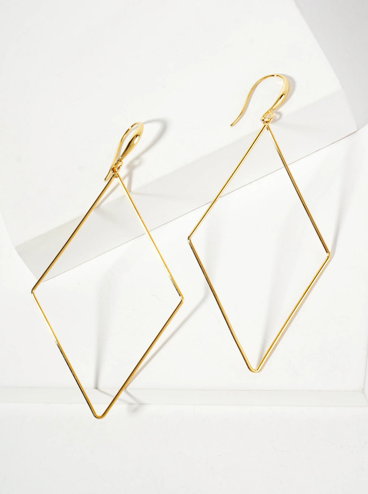 Polished Brass 2-and-three-quarters-inch Delicate Diamond Drop 18K-Gold-Dipped Fish-Hook Earrings