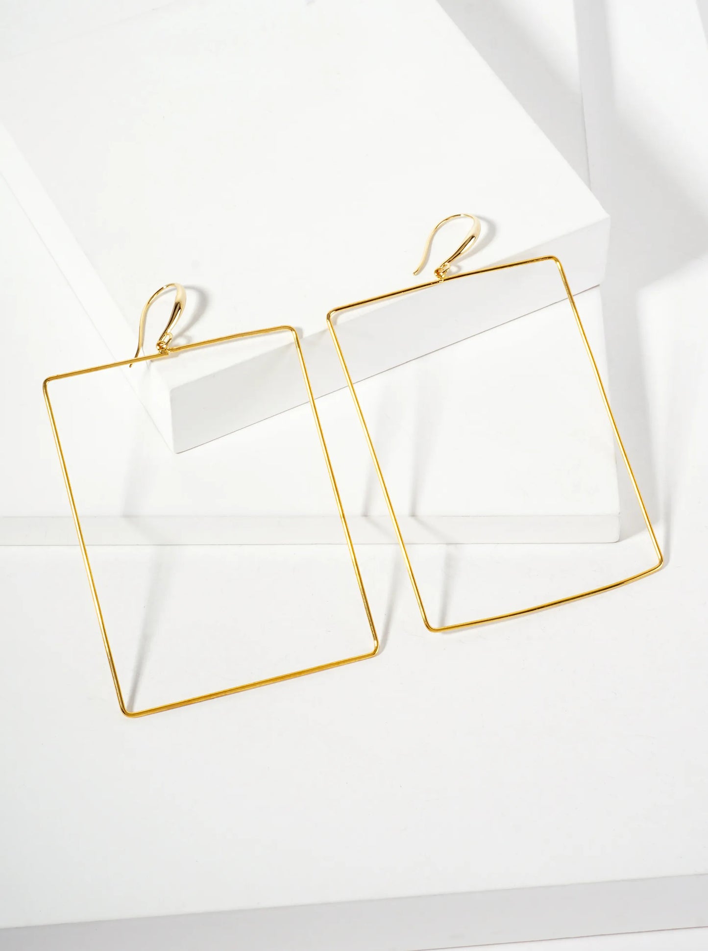 Polished Brass 2-and-three-quarters-inch Delicate Rectangle Drop 18K-Gold-Dipped Fish-Hook Earrings