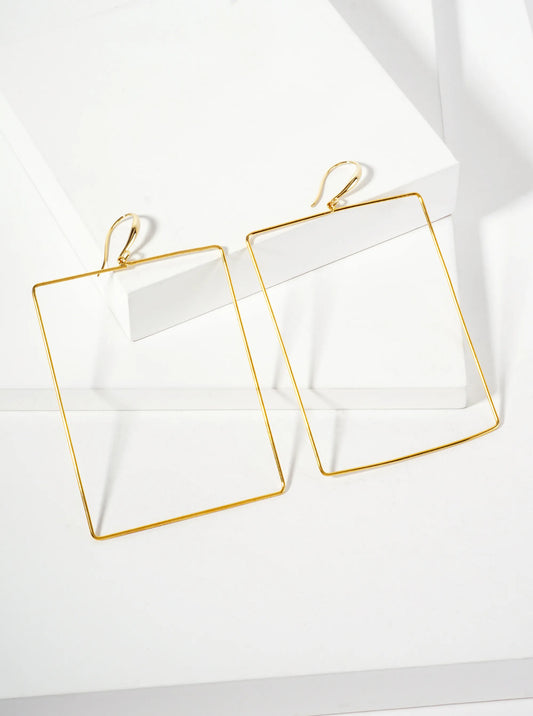 Polished Brass 2-and-three-quarters-inch Delicate Rectangle Drop 18K-Gold-Dipped Fish-Hook Earrings