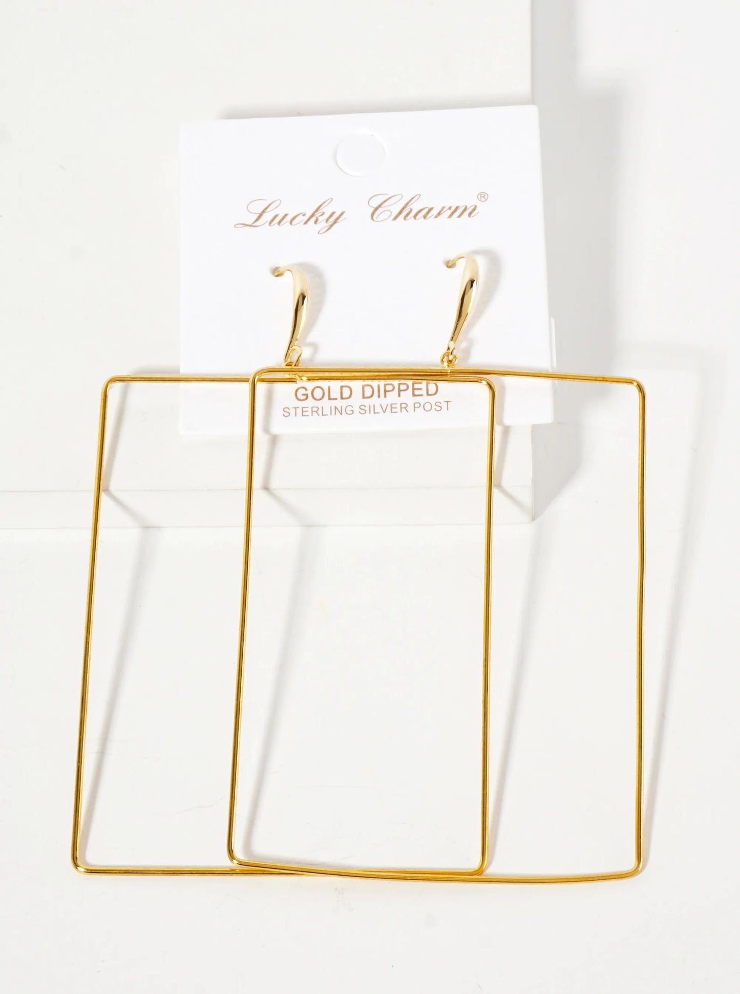 Polished Brass 2-and-three-quarters-inch Delicate Rectangle Drop 18K-Gold-Dipped Fish-Hook Earrings