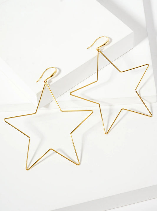 Polished Brass 2-and-three-quarters-inch Delicate Star Drop 18K-Gold-Dipped Fish-Hook Earrings