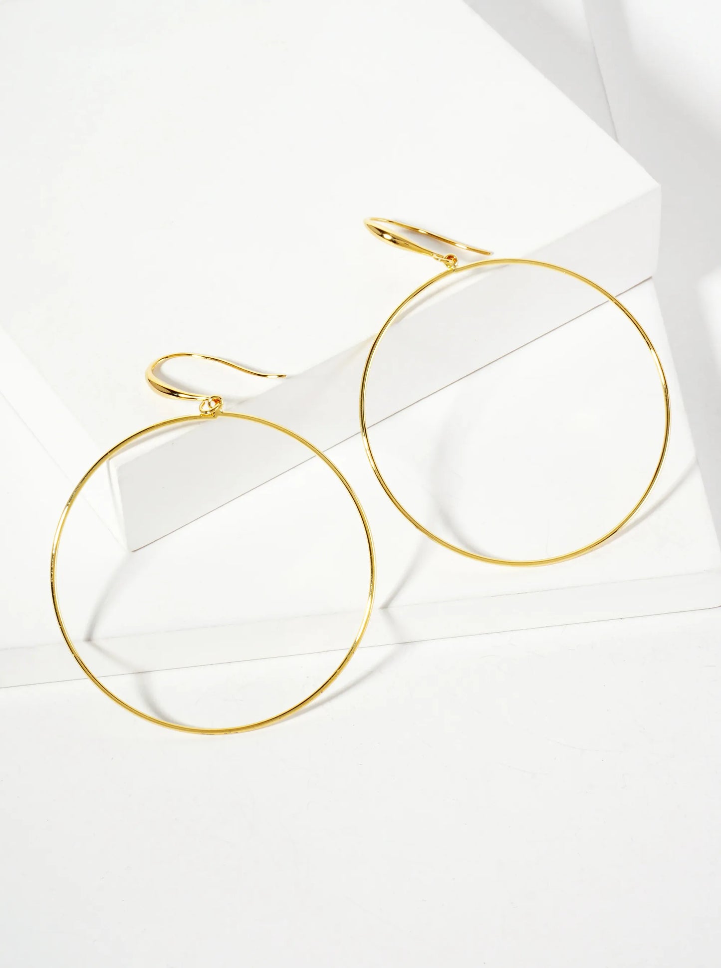 Polished Brass 2-inch Delicate Circle Drop 18K-Gold-Dipped Fish-Hook Earrings