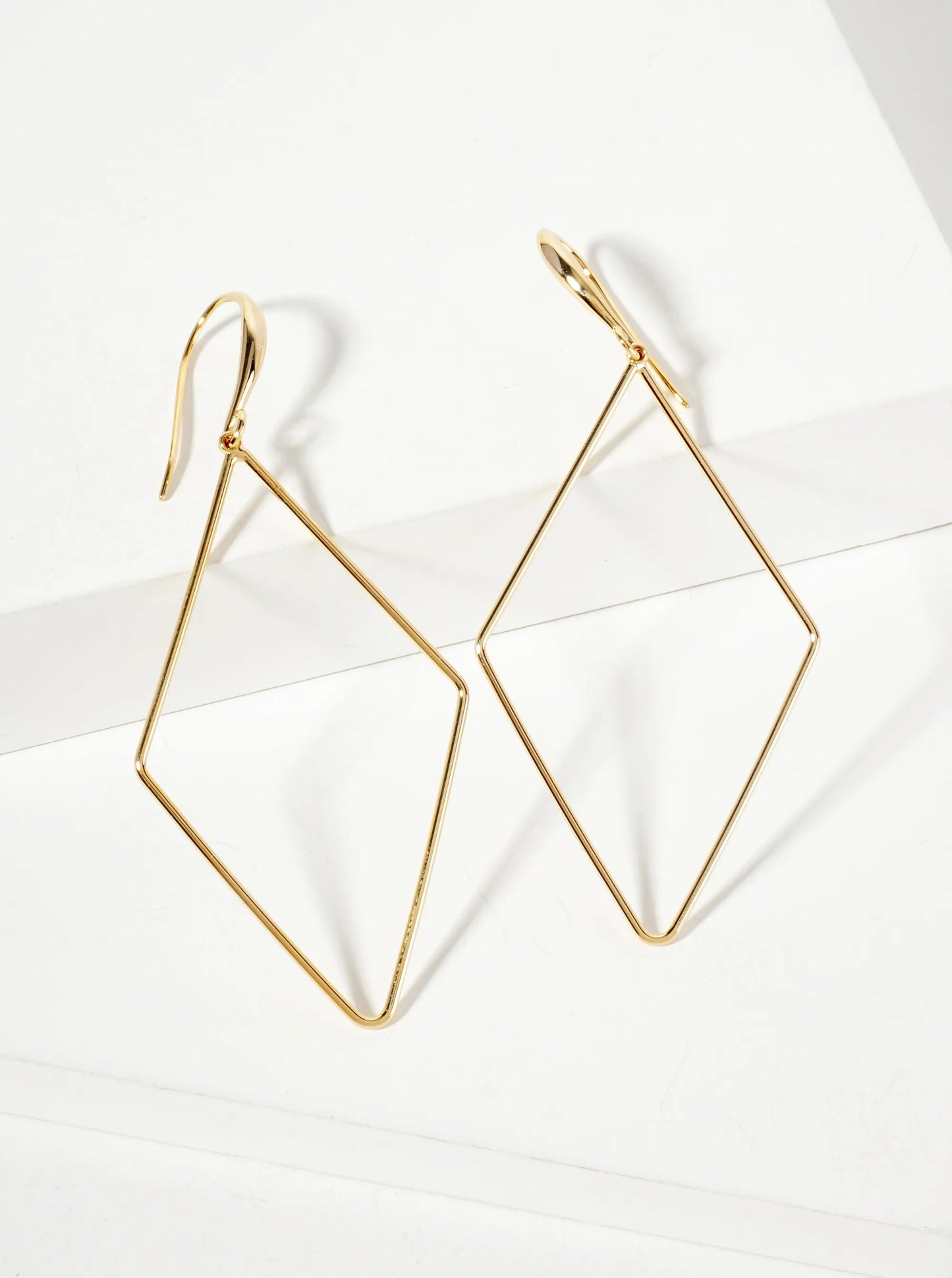 Polished Brass 2-inch Delicate Diamond Drop 18K-Gold-Dipped Fish-Hook Earrings