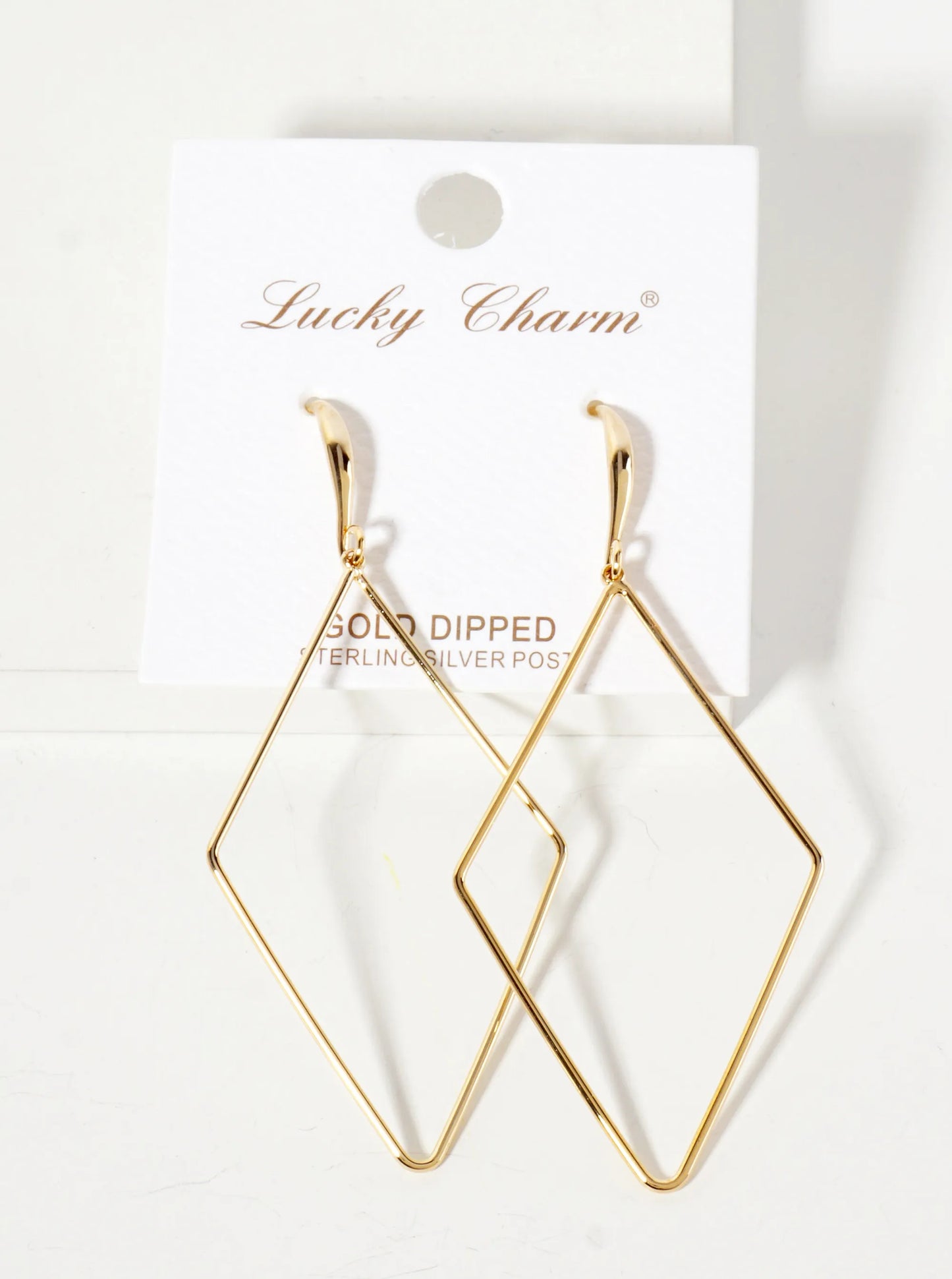 Polished Brass 2-inch Delicate Diamond Drop 18K-Gold-Dipped Fish-Hook Earrings