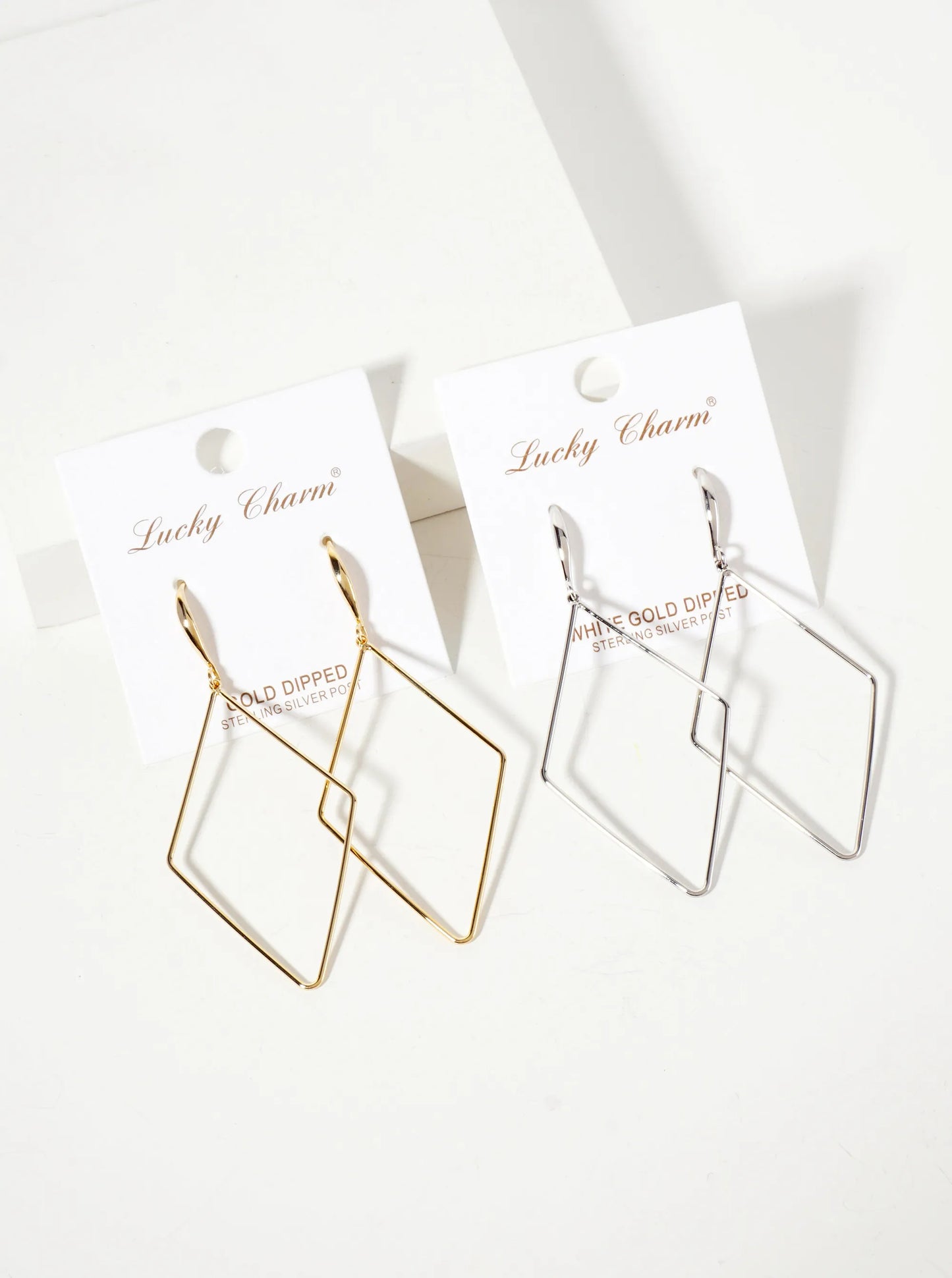 Polished Brass 2-inch Delicate Diamond Drop 18K-Gold-Dipped Fish-Hook Earrings